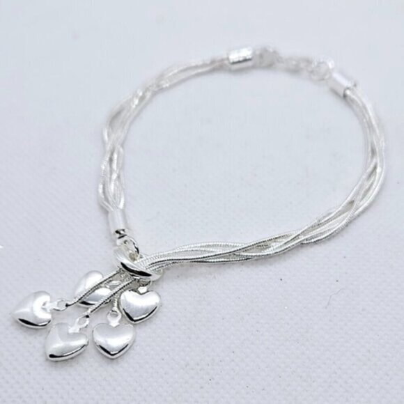 Sterling Silver 925 Multi Strand Bracelet w/ Heart Charms - Picture 1 of 9